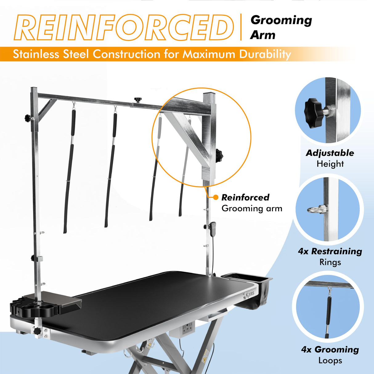 KANIS Professional Electric Dog Grooming Table - Heavy Duty, Height Adjustable Pet Grooming Table w/Leveling Wheels, Grooming Arm, Anti Slip Tabletop & Tool Organizer/Dog Grooming Station (49", Grey) KANIS