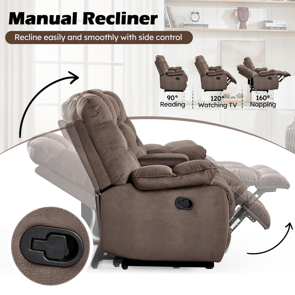 HAOMARKETS Manual Reclining Loveseat Sofa for Living Room, 77" Wide Overstuffed 2-Seater Recliner Couch with Cup Holders & Storage Console, Breathable Fabric, Brown HAOMARKETS