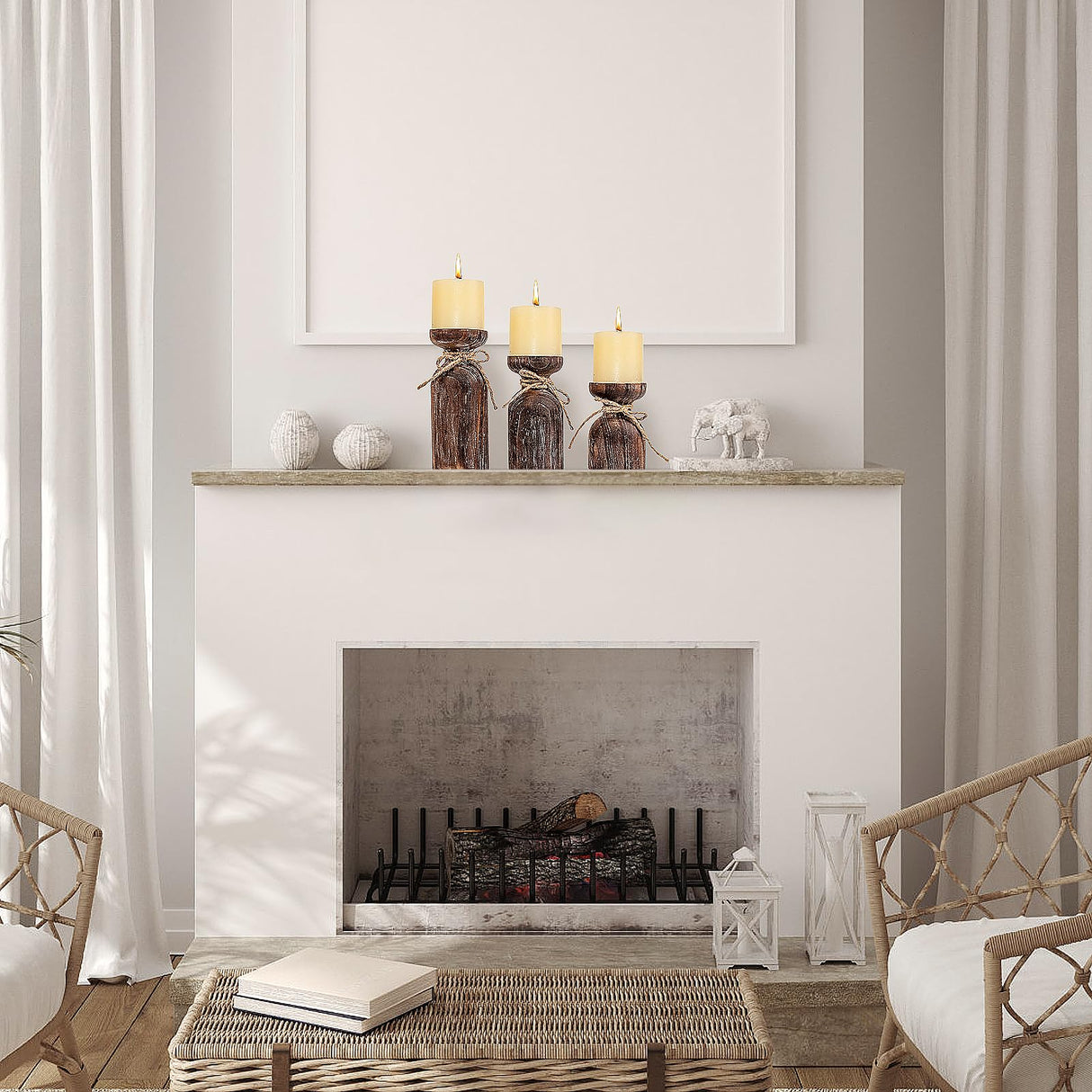 Farmhouse Wooden Candle Holders for Pillar Candles, Brown Distressed Set of 3 Rustic Wood Pillar Wood Candle Stands with Hemp Rope Bow Table Centerpiece Decor for Fireplace, Living, and Dining Room OKSQW