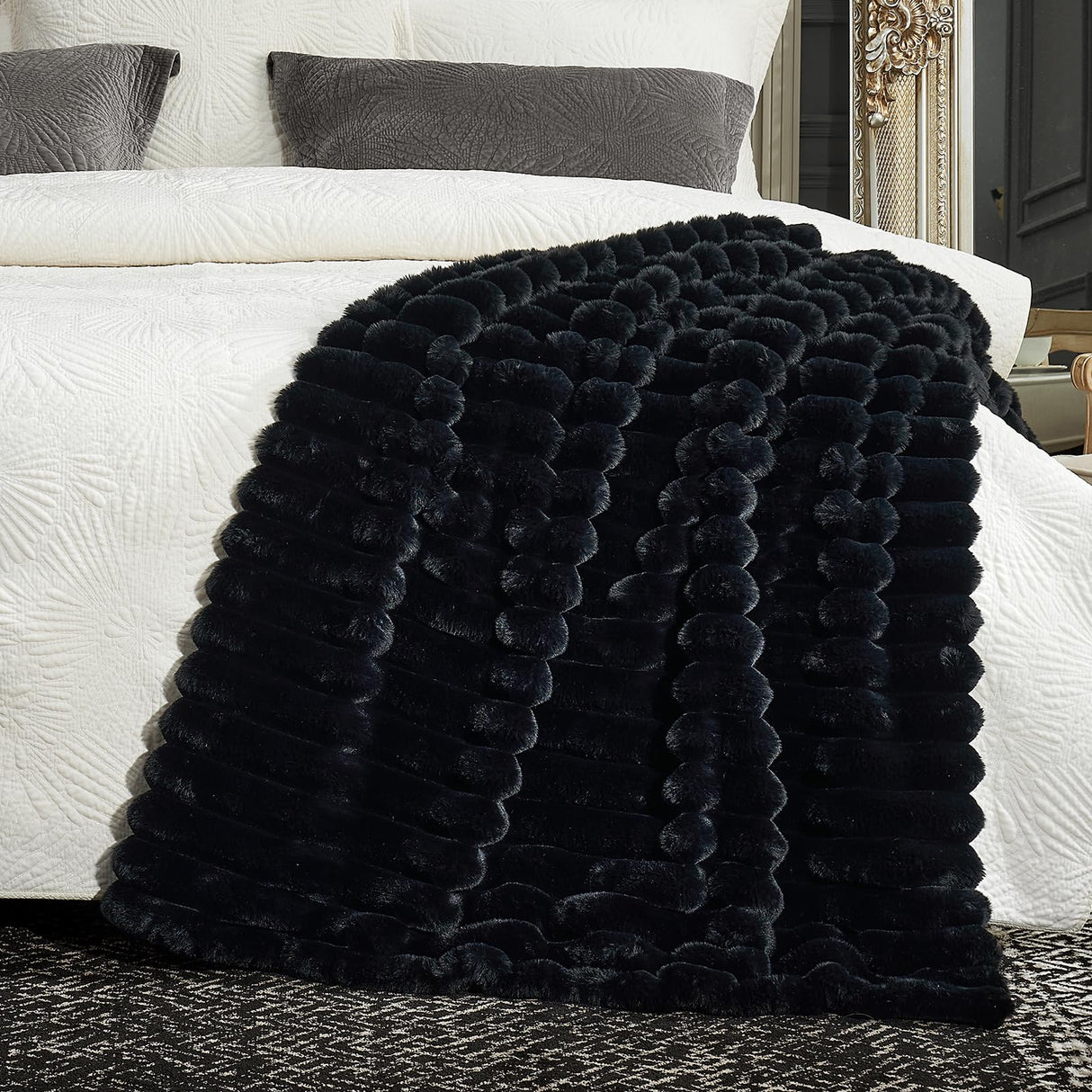 Cozy Bliss Faux Fur Throw Blanket for Couch, Cozy Warm Plush Striped Blanket for Sofa Bedroom Living Room, 50 * 60 Inches Black Cozy Bliss