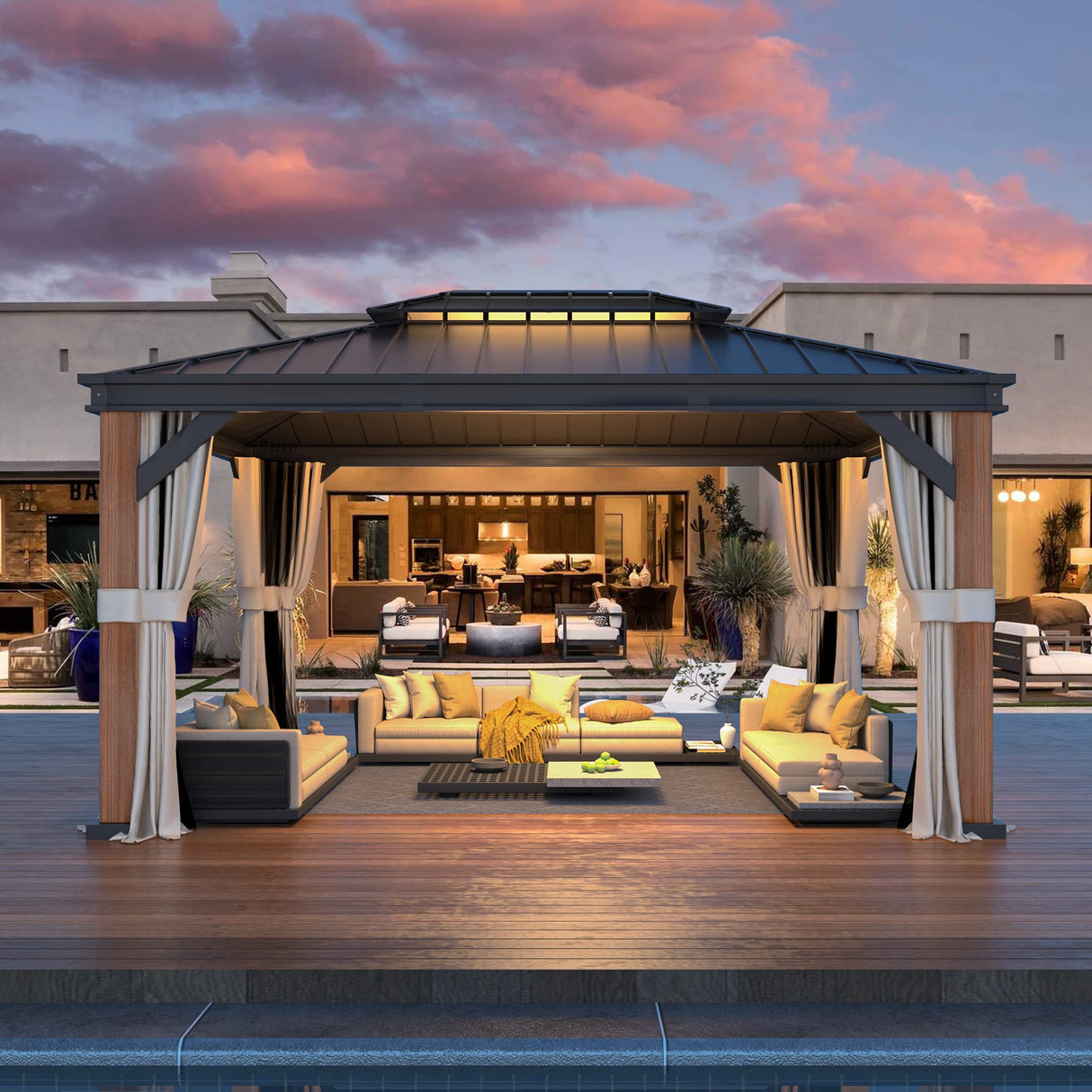 YOLENY 12'x16' Ultra-Thick Faux Wood Grain Aluminum Frame Hardtop Gazebo, Vertical Stripe Galvanized Steel Double Roof, Outdoor Patio Gazebo Pergolas with Netting and Curtains YOLENY