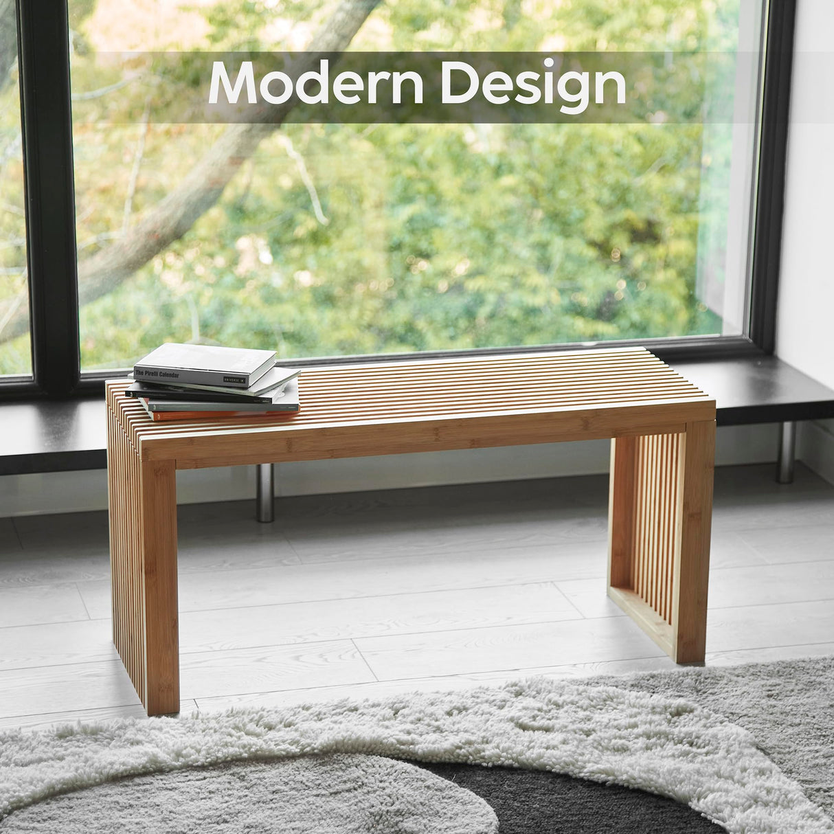 Bamboo Natural 36 inch Wooden Bench, Small Wood Benches for Entryway, Living & Dining Room, Kitchen, Bedroom, Bathroom, Hallway, Front Door, For Indoor & Outdoor Patio Use, Mid Century Modern Decor SWEVEN