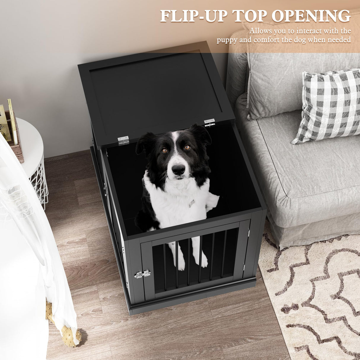 PUPETPO Furniture Style Dog Crate with Cushion, Dog Kennel Medium, Dog Crates, Dog Cage for Small and Medium Dogs, Decorative Dog Kennel with Flip-top Plate, Chew-Proof Metal Bars, Black PUPETPO