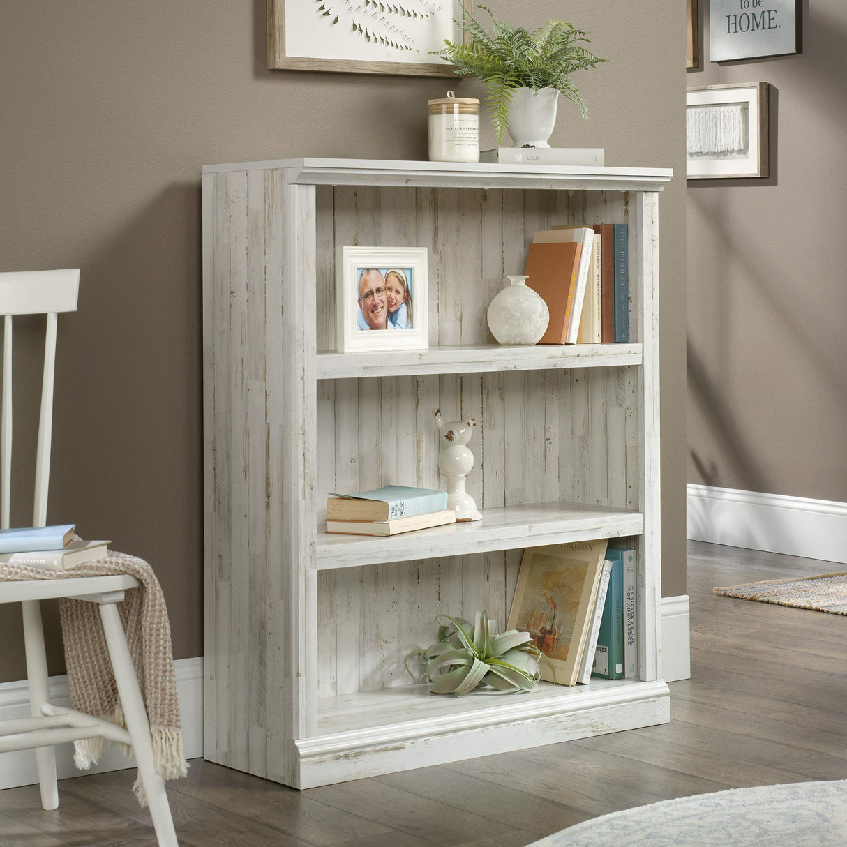 Sauder 3 Tier Book Shelf Wooden Bookcase Multipurpose Bookshelf for Home Office, Living Room, in White Plank Sauder