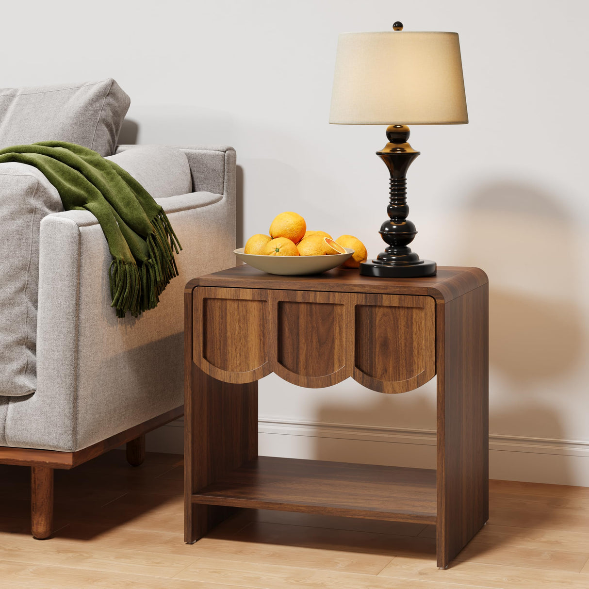 Night Stand Set of 2, Mid Century Modern Farmhouse Wood Nightstand with Wave Panel Drawer, Bed Side End Table for Small Space, Living Room - Walnut ORRD