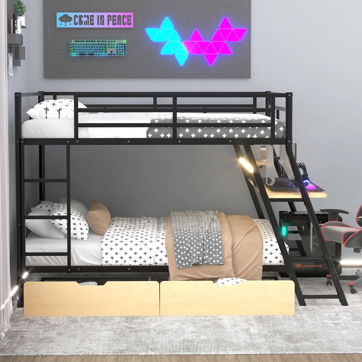 Harper & Bright Designs Metal Full Over Full Bunk Bed with Built-in Desk, Light and 2 Drawers, Industrial Bunkbeds with Ladder and Full-Length Guardrail, Noise Free, No Boxing Spring Needed, Black Harper & Bright Designs