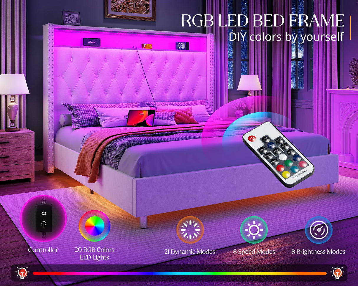 Jocisland King Size Bed Frame 53.6'' Tall Headboard LED Lights and Charging Station, Velvet Hign Upholstered Platform Bed Wingback Storage, No Box Spring Needed, Motion Activated Light, Cream Jocisland