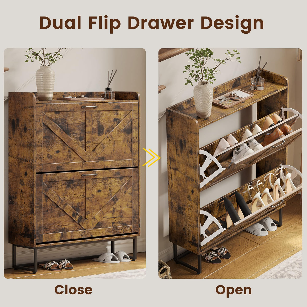 Dowinx Shoe Cabinet Storage with 2 Flip Drawers, Freestanding Shoe Organier Cabinet with Metal Legs, Farmhouse Narrow Shoe Stroage Cabinet Hidden for Entryway Hallway, Rustic Brown Dowinx