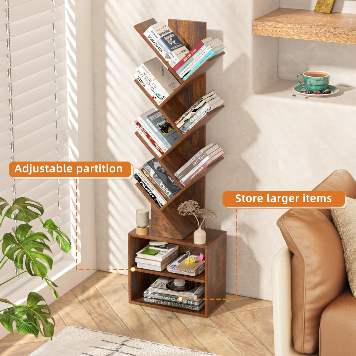 SHEEPAM 10 Tier Tree Bookshelf,Floor Standing Wood Tall Bookcase for Narrow Space, Storage Organizer Bookshelves for Books, Book Case for CDs/Movies/Books,Home Office,Living Room, Bedroom SHEEPAM