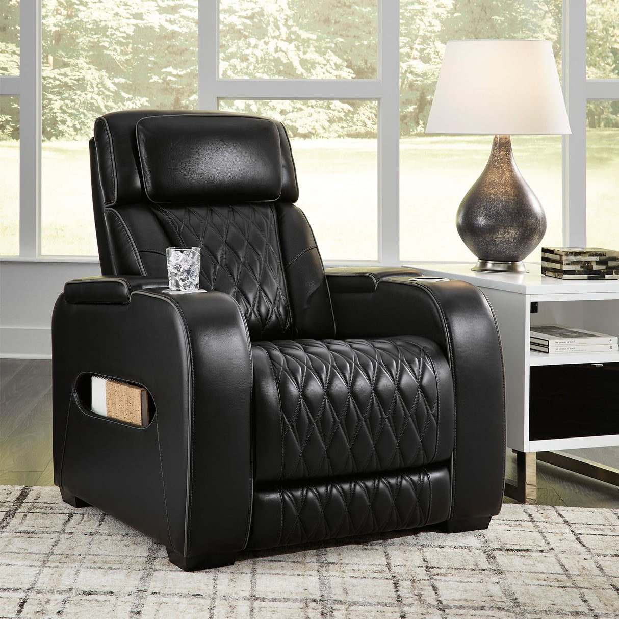 Signature Design by Ashley Boyington Contemporary Leather Match Power Recliner with Adjustable Headrest, Cup Holders, USB Port and Air Massage System, Black Signature Design by Ashley