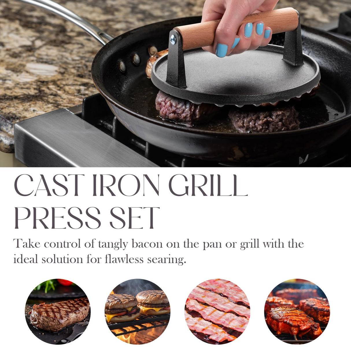 Bellemain Heavy-Duty Cast Iron Grill Press Set – Perfect Smash Burger & Steak Press with Ergonomic Wood Handle for Pro-Level Searing on Griddle, Skillet, or BBQ Bellemain