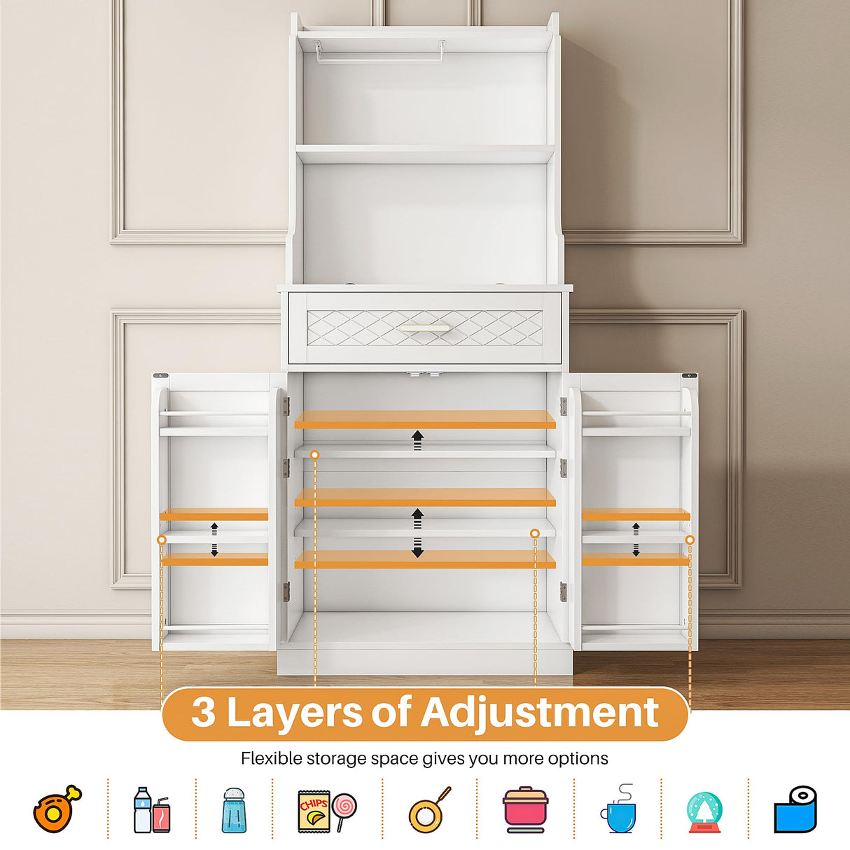 kepptory 66" Kitchen Pantry Cabinet with Microwave Shelf, Pantry Storage Cabinet with Adjustable Shelves and Drawer, Kitchen Buffet Cupboards Sideboard for Home Office Use (16" D x 24" W x 66" H) kepptory