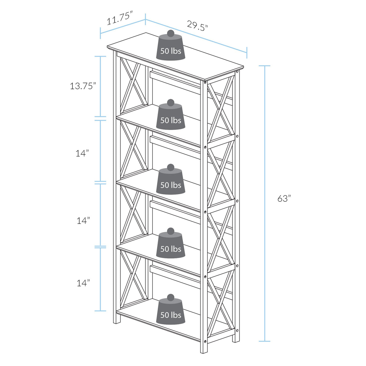 Casual Home Montego Bookcase, 5-Shelf, White,324-51 Casual Home