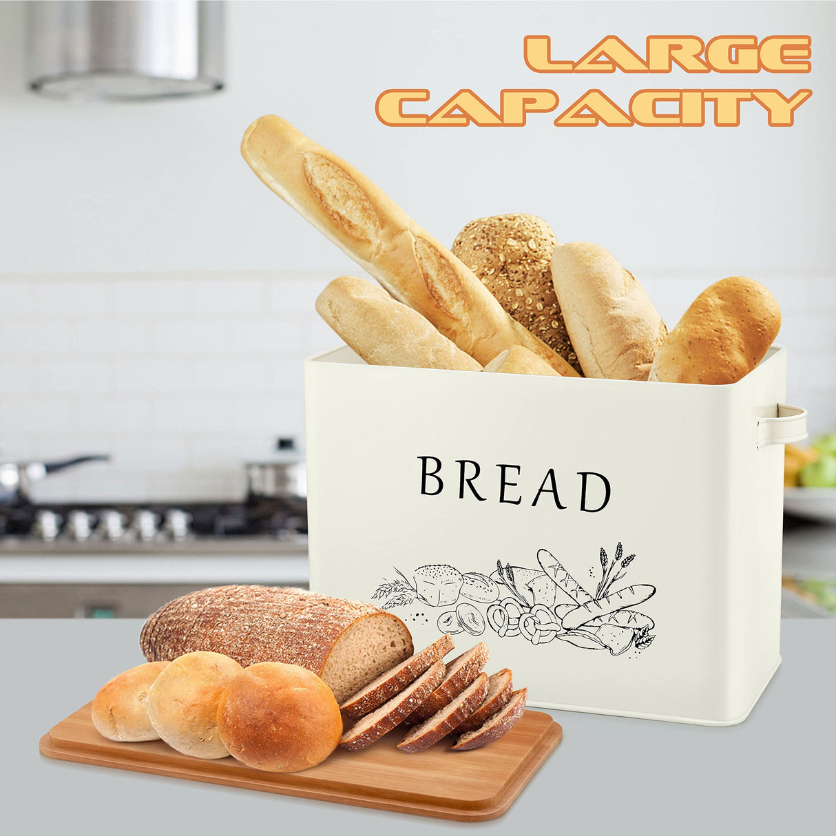 E-far Bread Box for Kitchen Countertop, Metal Bread Storage Container Bin with Bamboo Lid for Cutting Bread, Extra Large & Farmhouse Style, 13” x 7.2” x9.8”, Cream E-far