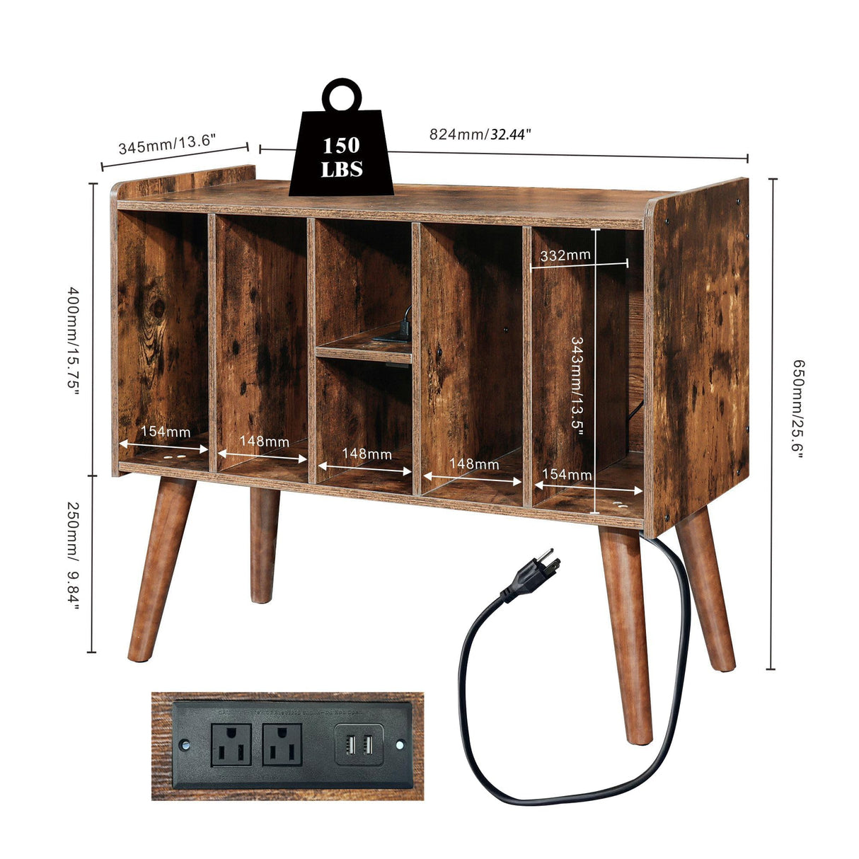 FUSUNBAO Record Player Stand with LED Light - Large Turntable Stand with Vinyl Record Storage, Record Player Table Up to 120 Albums, Record Stand with Outlet Bookself end-Table (Antique Brown) FUSUNBAO