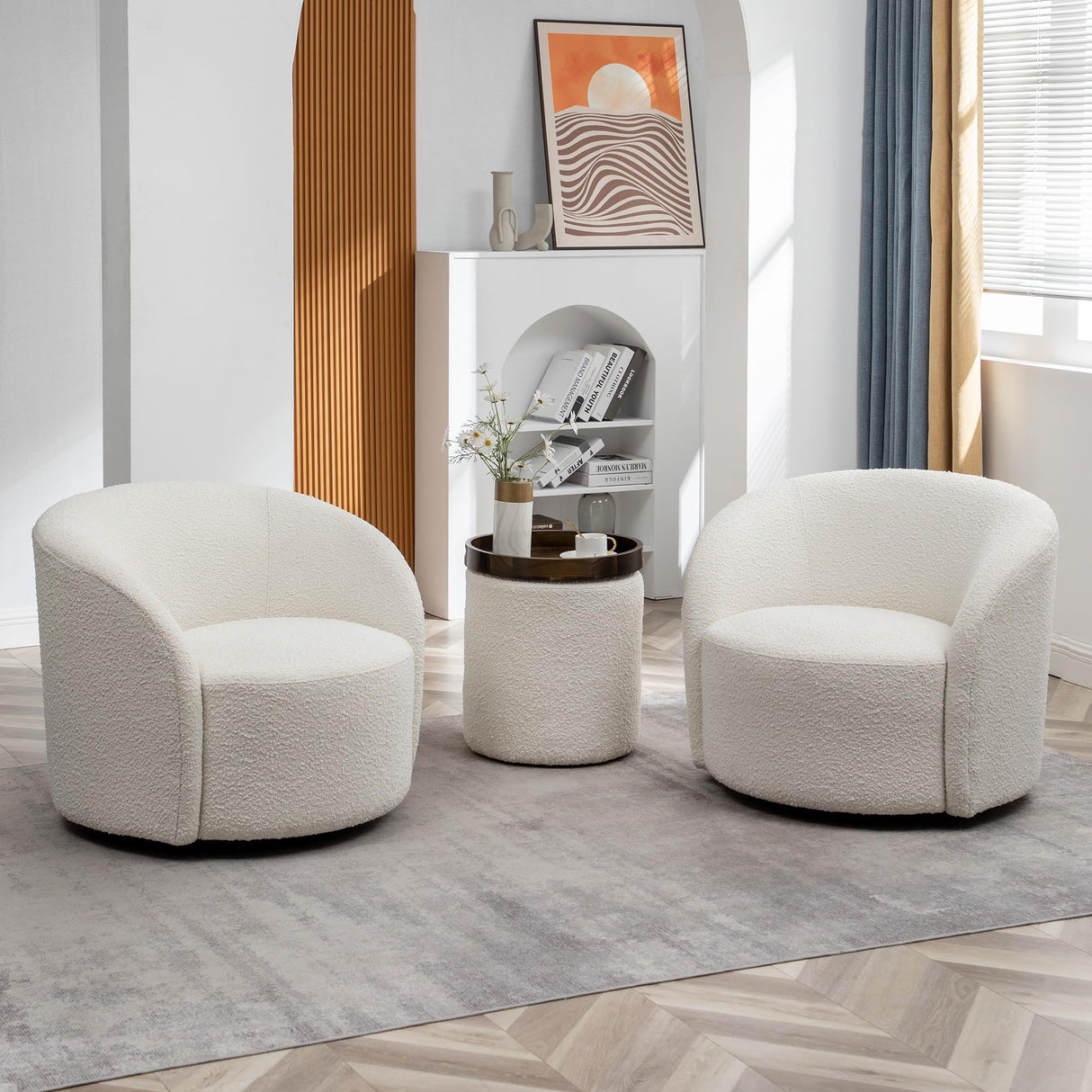 KINWELL 34" W Swivel Barrel Chair Set of 2, Mid Century Modern Round Upholstered Boucle Swivel Accent Chairs, No Assembly Sofa Chair for Living Room Bedroom Reading, Cream KINWELL