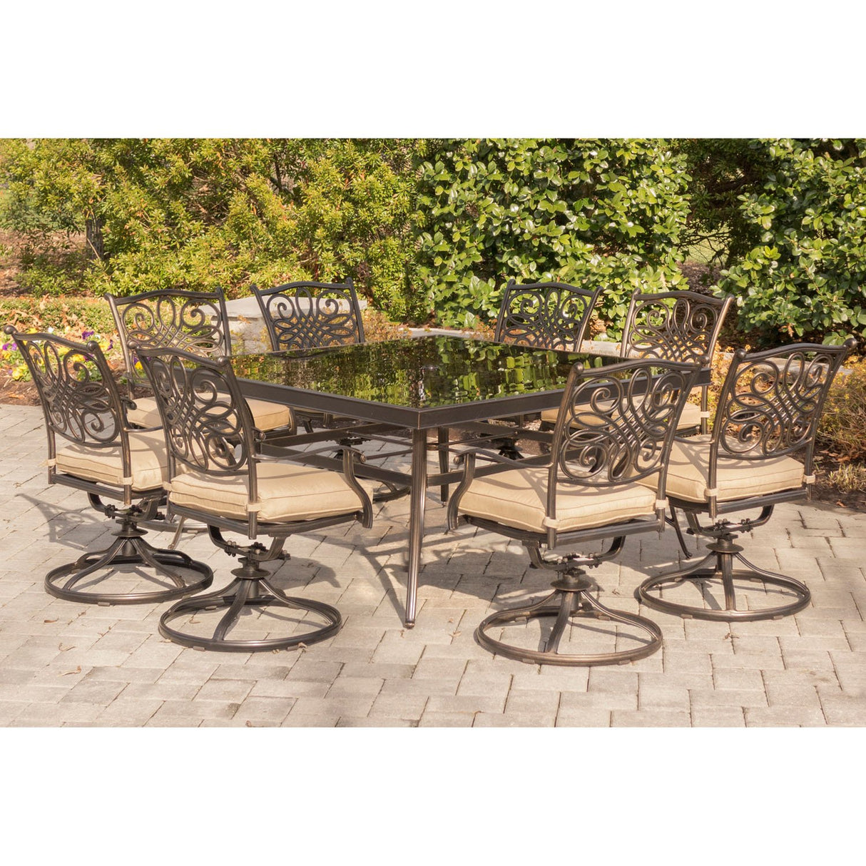 Hanover Traditions 9-Piece Outdoor Dining Set with Tan Cushions, 8 Swivel Rockers and Tempered Glass Square Dining Table, All-Weather, Rust-Resistant Aluminum Patio Dining Set for 8 Hanover