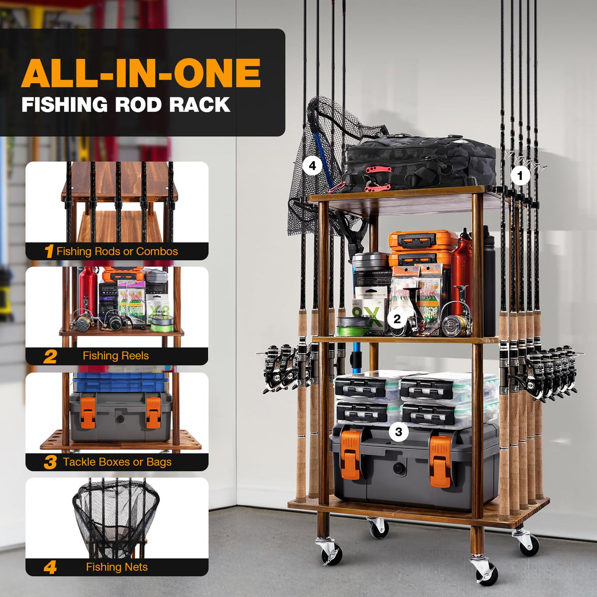 Ghosthorn Fishing Rod Holders for Garage Fishing Pole Rack Hold up to 10 Rods Fishing Pole Holders Wooden Organizer Fishing Rod Rack car Fishing Gear Storage Equipment (3 Tier) Ghosthorn
