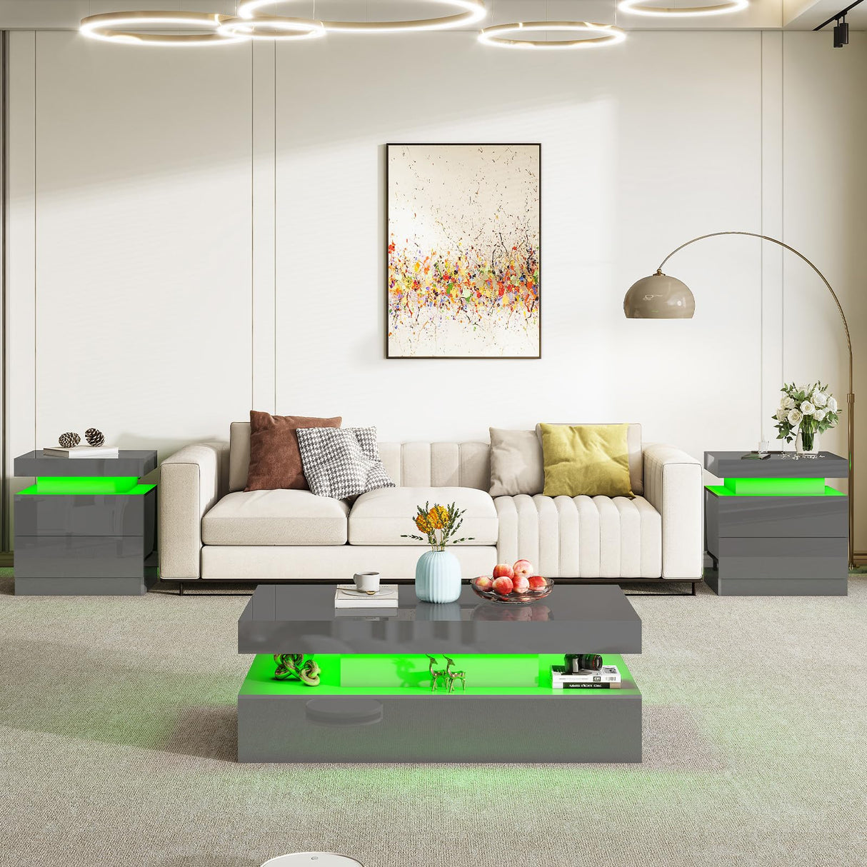 AMERLIFE High Gloss LED Nightstand Set of 2 with Charging Station, Modern Bedside Table Night Stand with LED Lights, Sofa End Side Tables with Drawers for Bedroom Living Room, Gray AMERLIFE