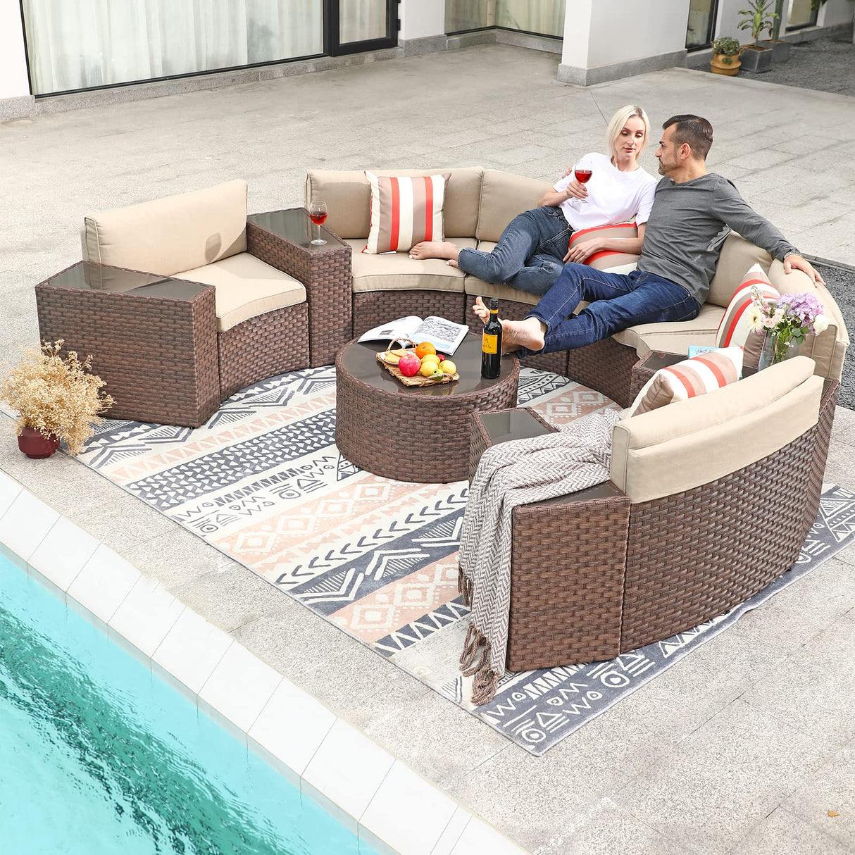 SUNSITT Outdoor Sectional Set 11-Piece Half Moon Patio Furniture Brown Wicker Sofa Beige Cushions with 4 Side Table and 4 Pillows SUNSITT