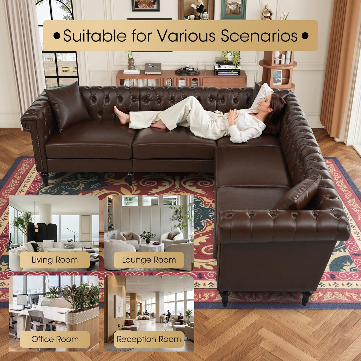 Kvutx 99.4" X 99.4" L Shaped Couch Faux Leather Sectional Couch with Three Pillows Chesterfield L Shaped Sofa 5 Seat PU Leather Sectional Couches for Living Room Brown Kvutx