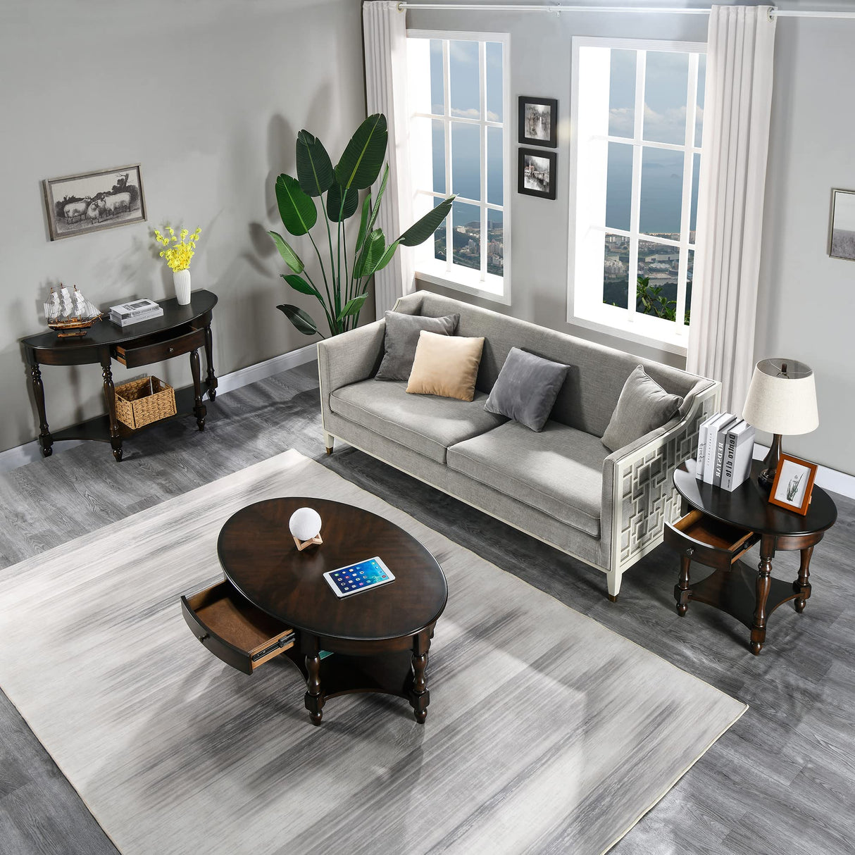 MODERION Coffee Table with Drawer, Solid Wood Oval Center Table with Storage Shelf, Traditional Living Room Table with Elegant Vintage Style, Easy Assembly, 45” x 27.6” x 18.2” Retro Walnut KFZ2233DC MODERION