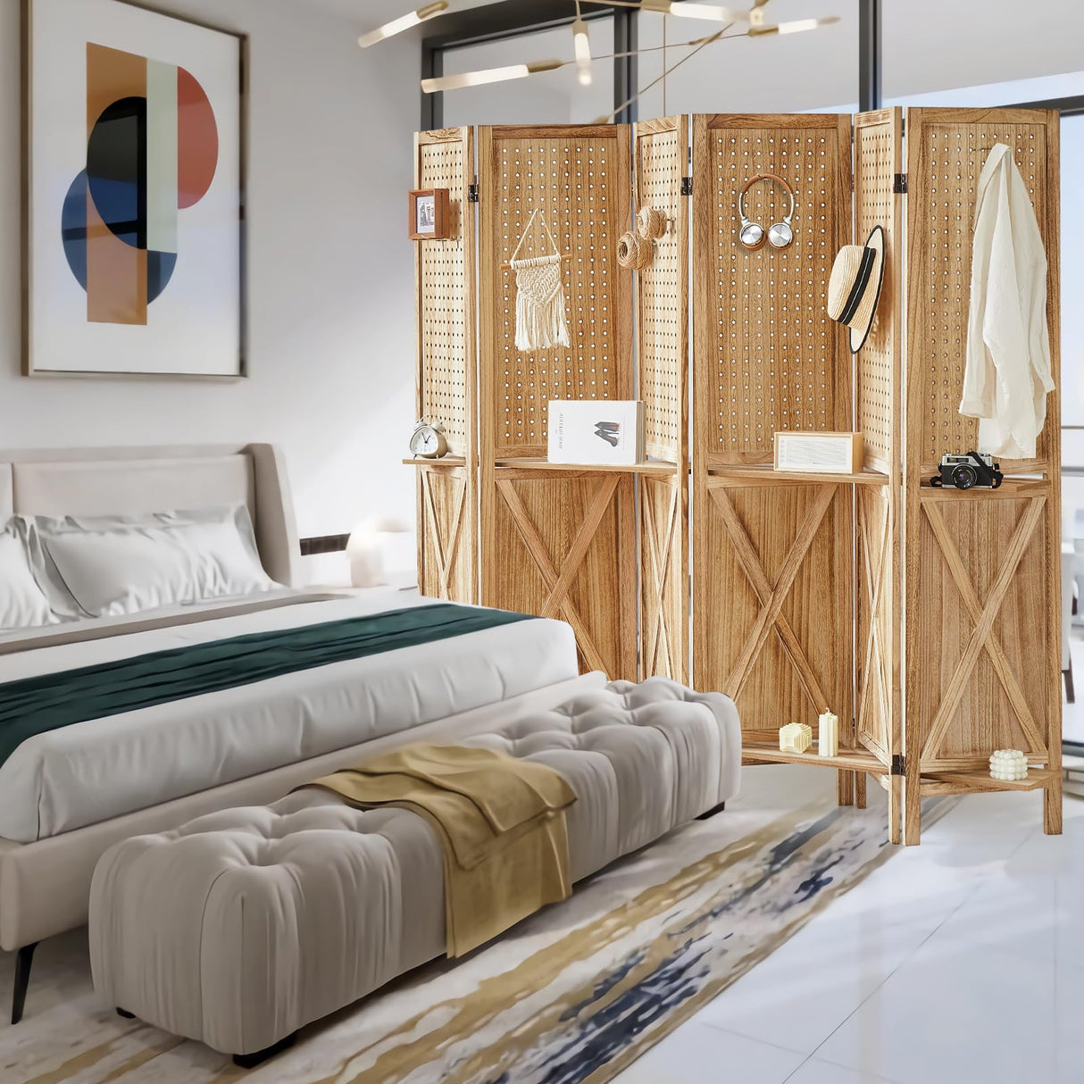 Aletheiawu 6 Panel Room Divider with Shelves, Wooden Pegboard Room Dividers, 5.6Ft Room Partitions and Dividers, Room Divider Panel with 24 Hooks for Bedroom, Study, Shop, Natural Color Aletheiawu