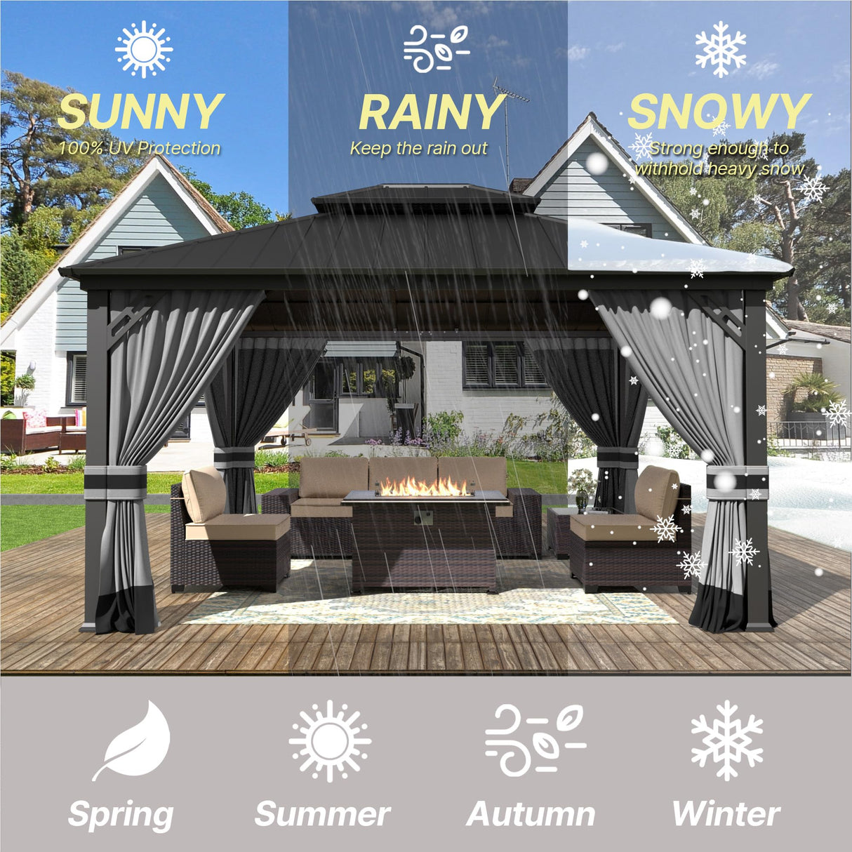 Gotland 12' x 14' Grey Hardtop Gazebo with Curtains and Netting, Double Roof Iron Metal Pergola for Patio, Garden, Lawn Gotland