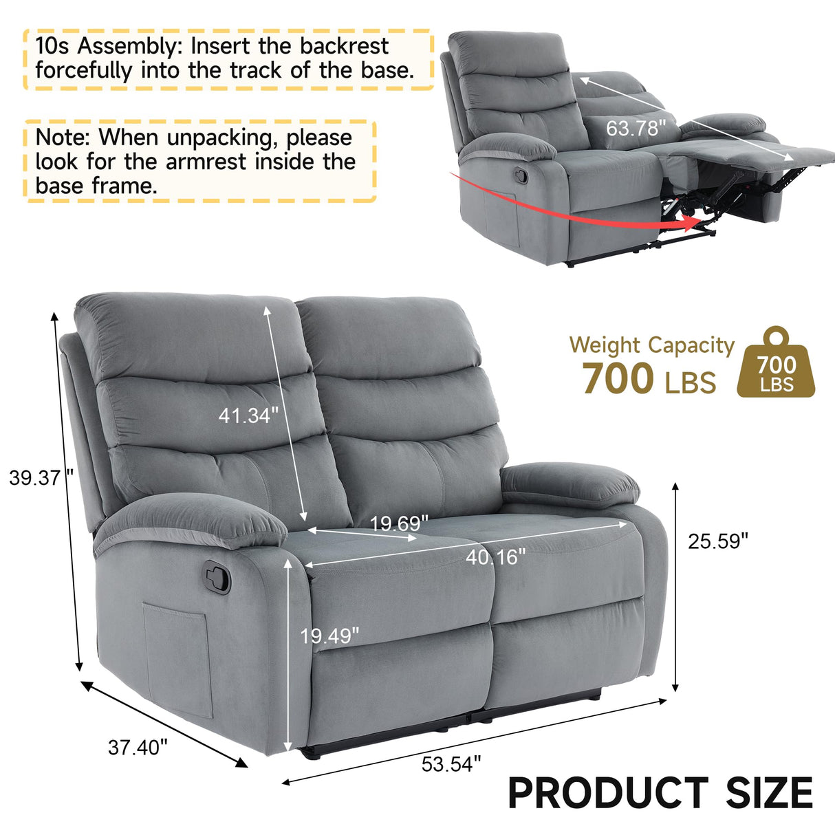GNMLP2020 Loveseat Recliner Sofa Couch, Velvet 2-Seater Reclining Sofa for RV, Double Seater Wall Hugger Recliner Chair for Living Room, Home Theater Seating, Dark Grey GNMLP2020