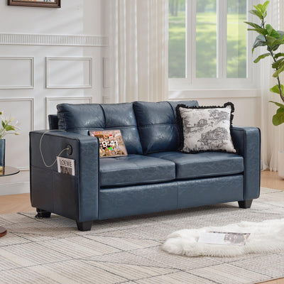 TYBOATLE 65" Blue Faux Leather Loveseat for Bedroom, Mid-Century Modern Tufted Comfy Loveseat w/USB Charging Ports and Wide Arms, 2 Seat Office Small Couch for Small Space
