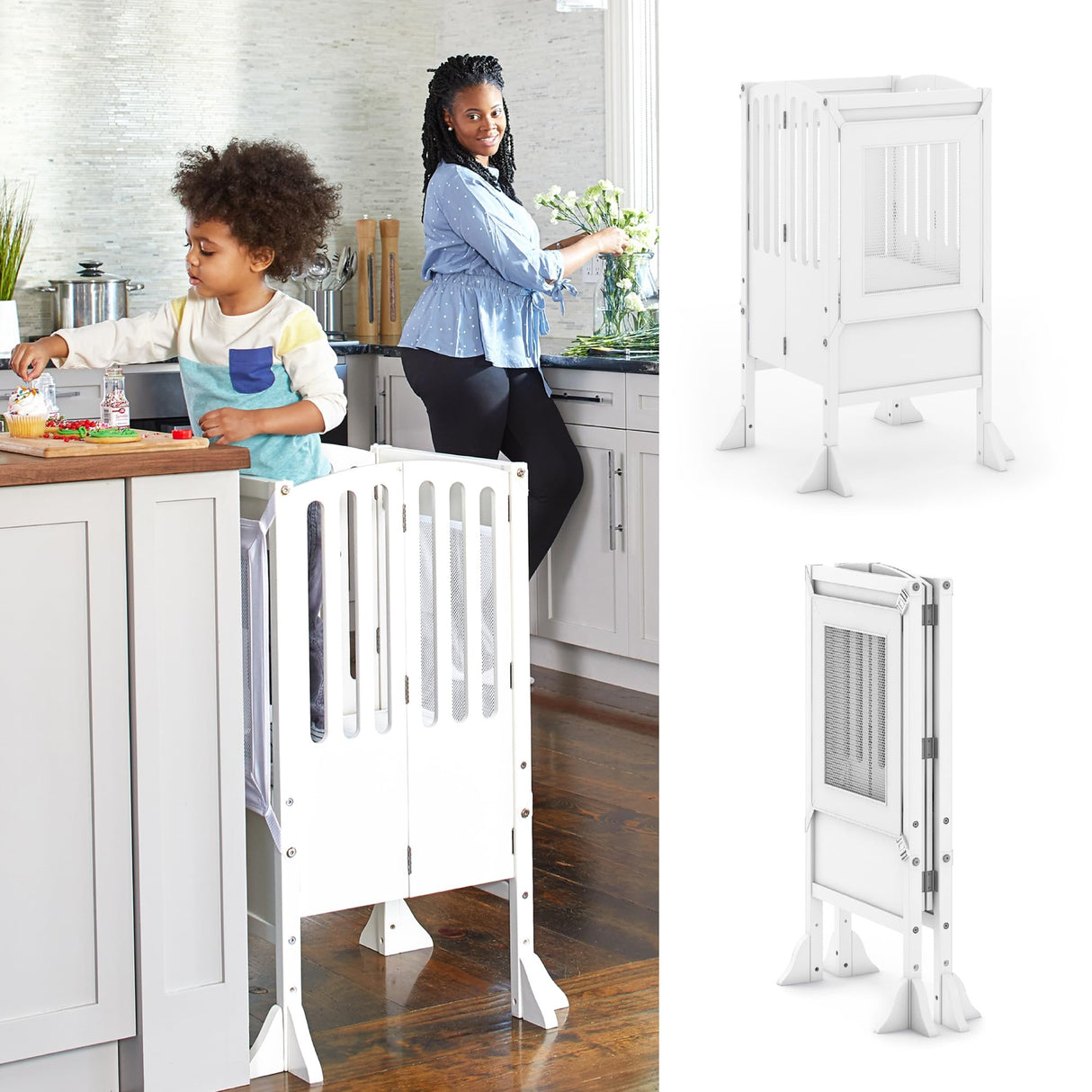 Guidecraft Kitchen Helper® Toddler Tower Step Stool - Contemporary - White: Folding Adjustable Height Montessori Wooden Learning Furniture with Keepers Guidecraft