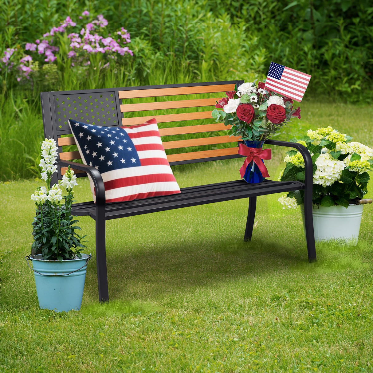 VINGLI Outdoor Metal Bench, 50in Weatherproof Garden Bench w/American Flag Style, 2-Person Sturdy Steel Patio Bench for Front Porch Yard Park VINGLI