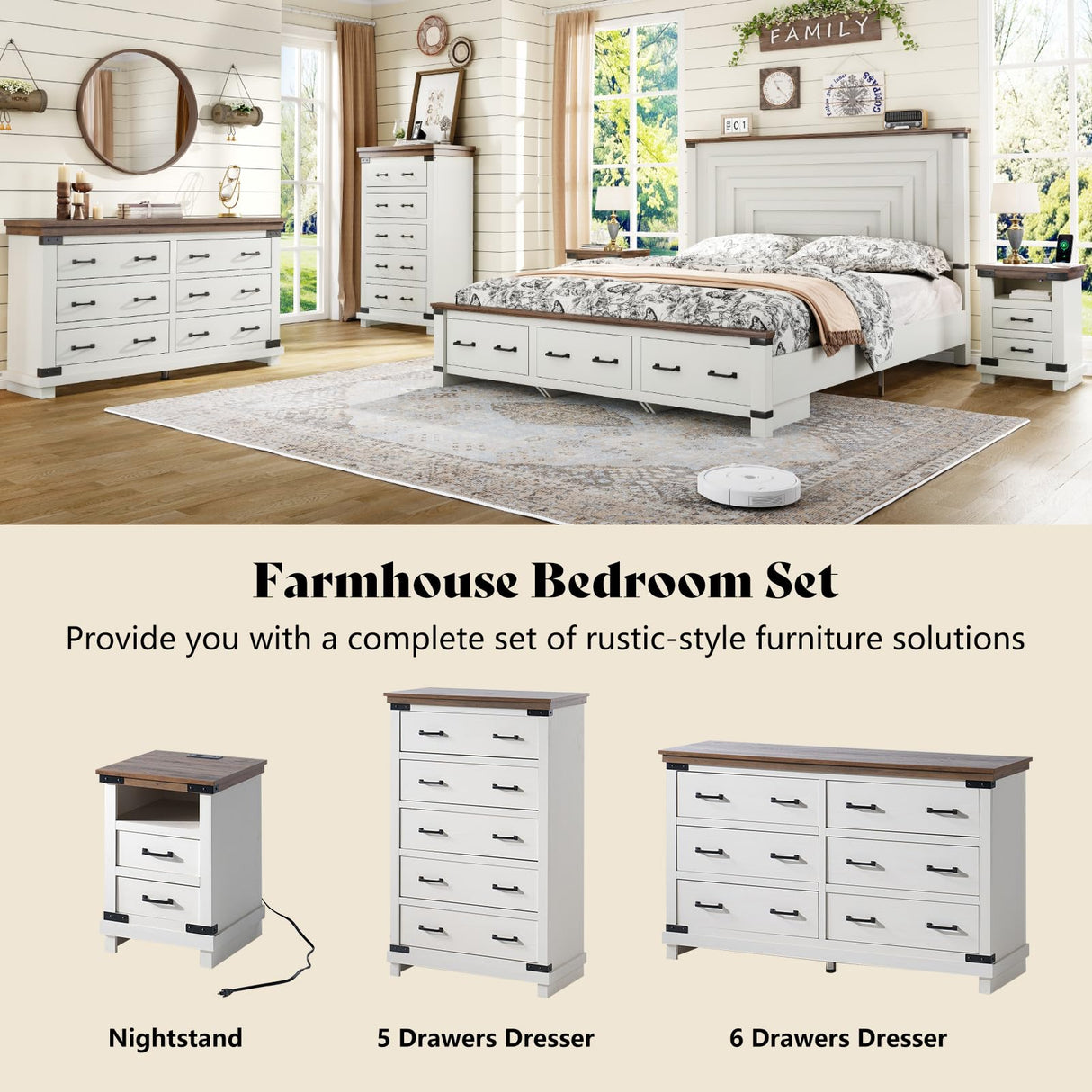 AMERLIFE Farmhouse 5 Drawers Dresser Chests for Bedroom, 48" Tall Wood Rustic Chest of Drawers/w Thick Plank Styling, Heavy Duty Closet Storage Dresser Organizer, Living Room, Hallway, Antique White AMERLIFE