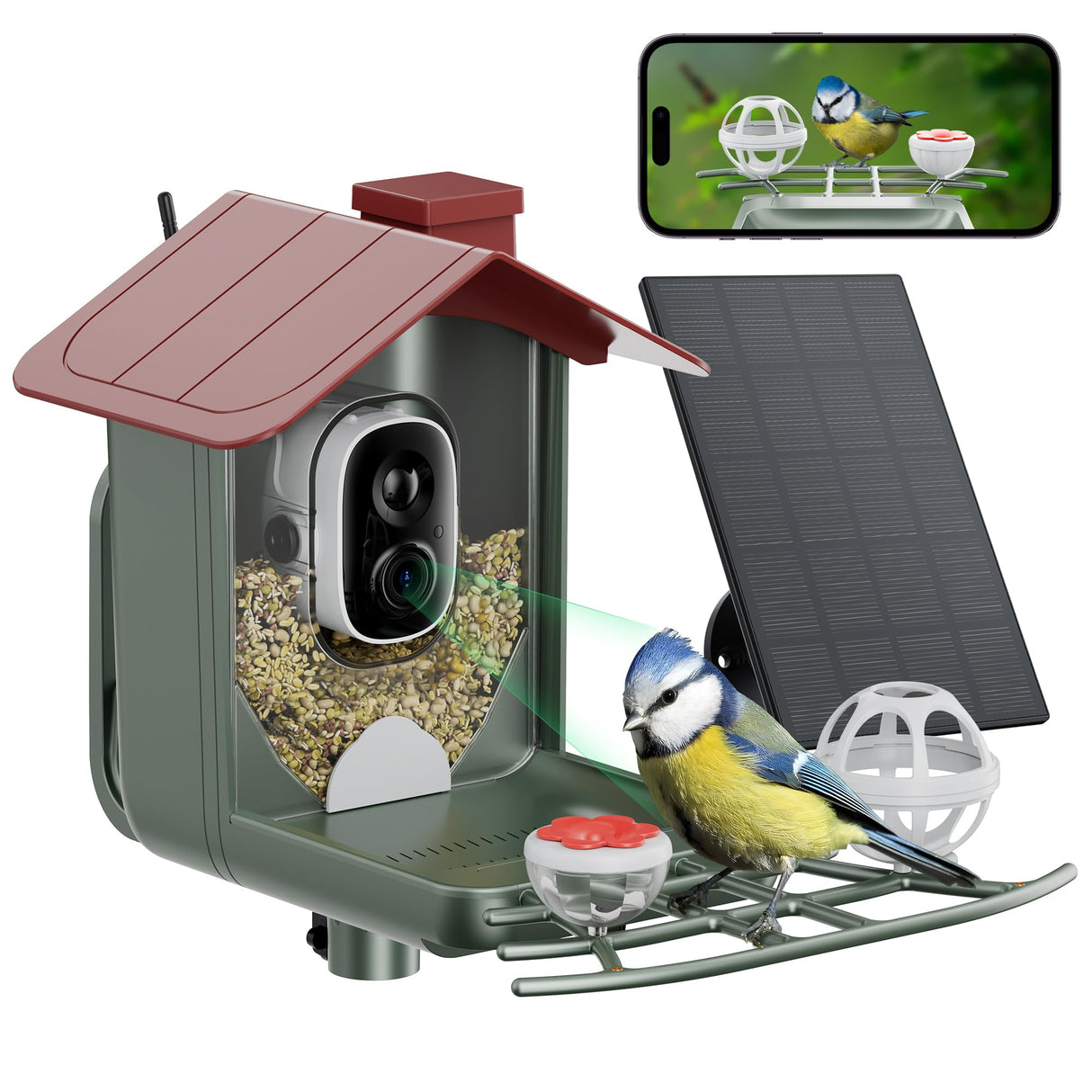 PEEIPM Bird Feeder with Camera Solar Smart Bird House with Camera Outdoor Garden Feeders for Bird Auto Capture Bird Videos Wild Birds Watching Cam 2K Resolution AI Recognition Visible Window PEEIPM