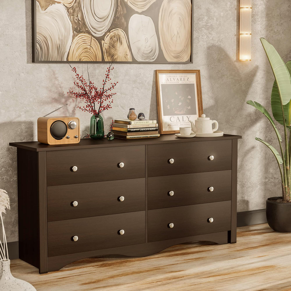 Furniwell 6 Drawer Dresser for Bedroom, Wood Dresser Wide Storage Organizer for Living Room Hallway Closets (Brown) Furniwell