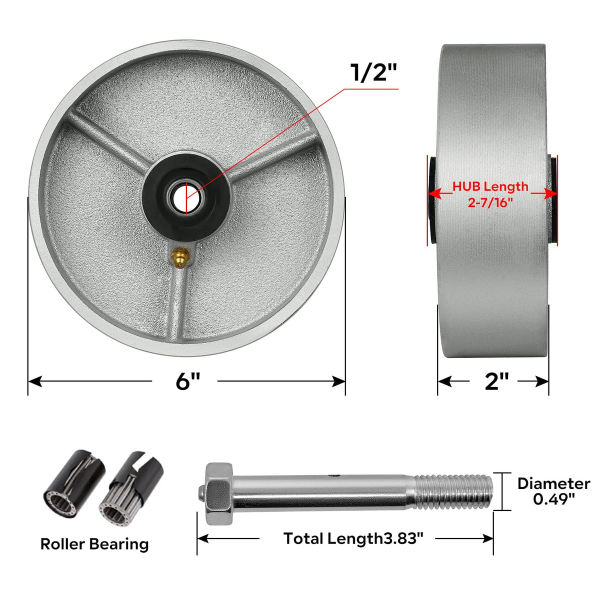LONGRUNFORU 6" x 2" Industrial Casters, Steel Cast Iron Wheel - Heavy Duty Caster -Set of 4 Caster with 5000 lbs Capacity, Roller Bearing-1/2 Bore, Replacement Wheel for Platform Trucks(4 Pack) LONGRUNFORU