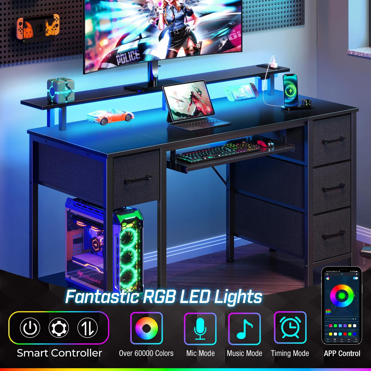 Seventable Computer Desk 55.1" with LED Lights & Power Outlets, Home Office Desk with 4 Drawers, Writing Desk with Keyboard Tray, Study Desk with Monitor Stand, Work Desk for Home Office, Black Seventable