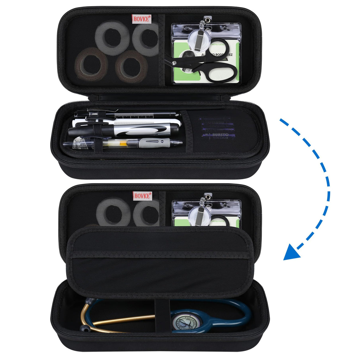 BOVKE Stethoscope Case Kit, 15 Pcs Tool Set Perfect Nurse Gift Include Stethoscope Case, Medical Scissor, Bandage Wraps, 2 Penlights with Batteries, Bandage Holder for Nurses, Black+Black BOVKE