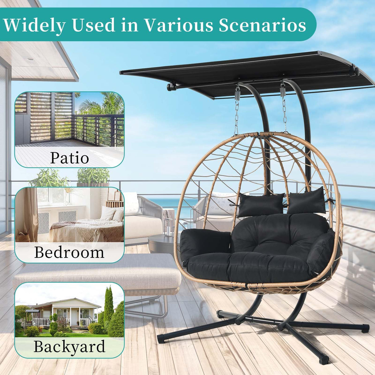 Double Egg Chair wth Stand Hammock Swing Chair Foldable Hanging Loveseat, Outdoor Hammock Egg Chair for Patio, Bedroom, Garden and Balcony (Black) VIXLON