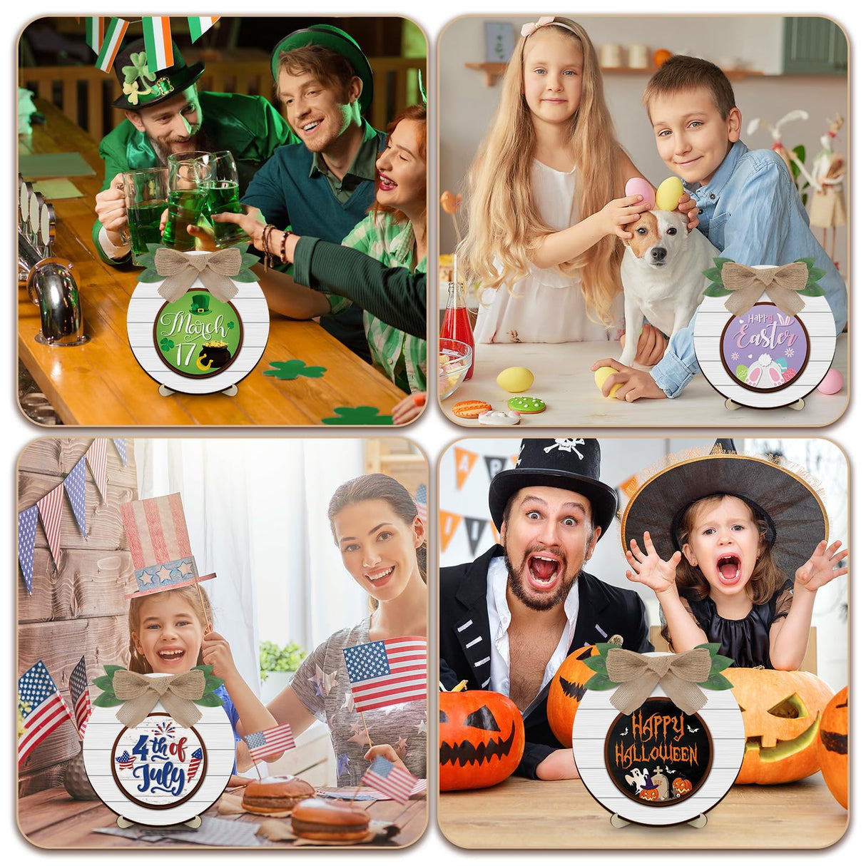 Geetery 17 Pieces Christmas Interchangeable Season Sign DIY Holiday Icons Decor with Wooden Easel Round Home Decorative with 15 Seasonal Icons Holiday Sign Set for Tabletop Fireplace Porch Decoration Geetery