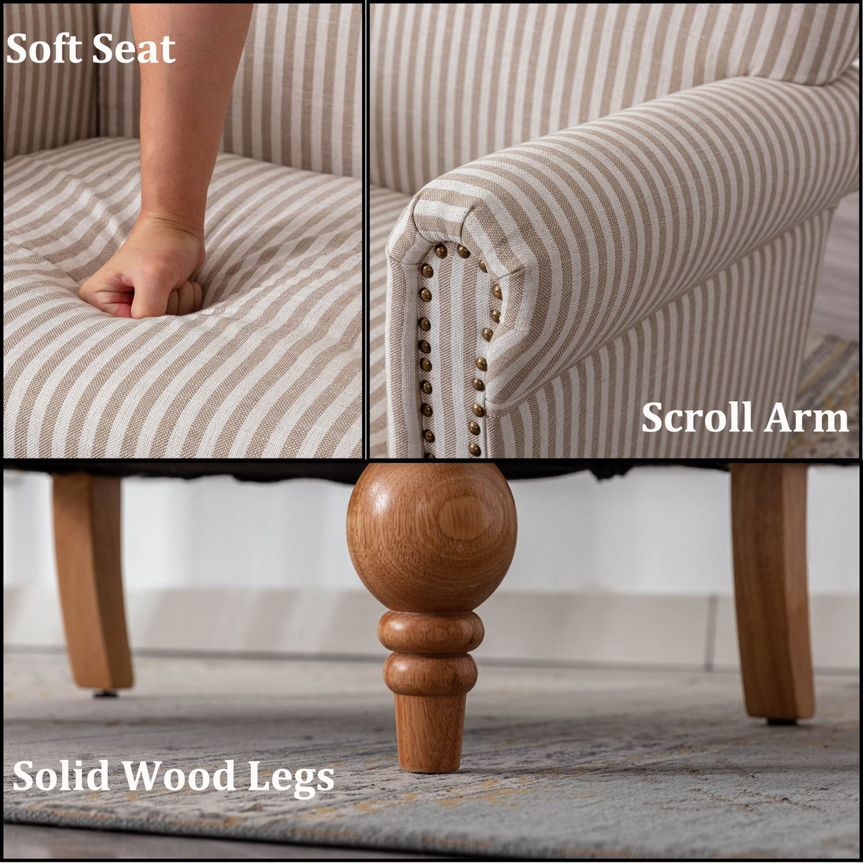 DM-Furnitue Wide Armchair Modern Linen Accent Chair Comfy Reading Chairs Upholstered Lounge Chair Single Sofa Couch for Bedroom/Living Room, Beige with Stripe DM Furniture