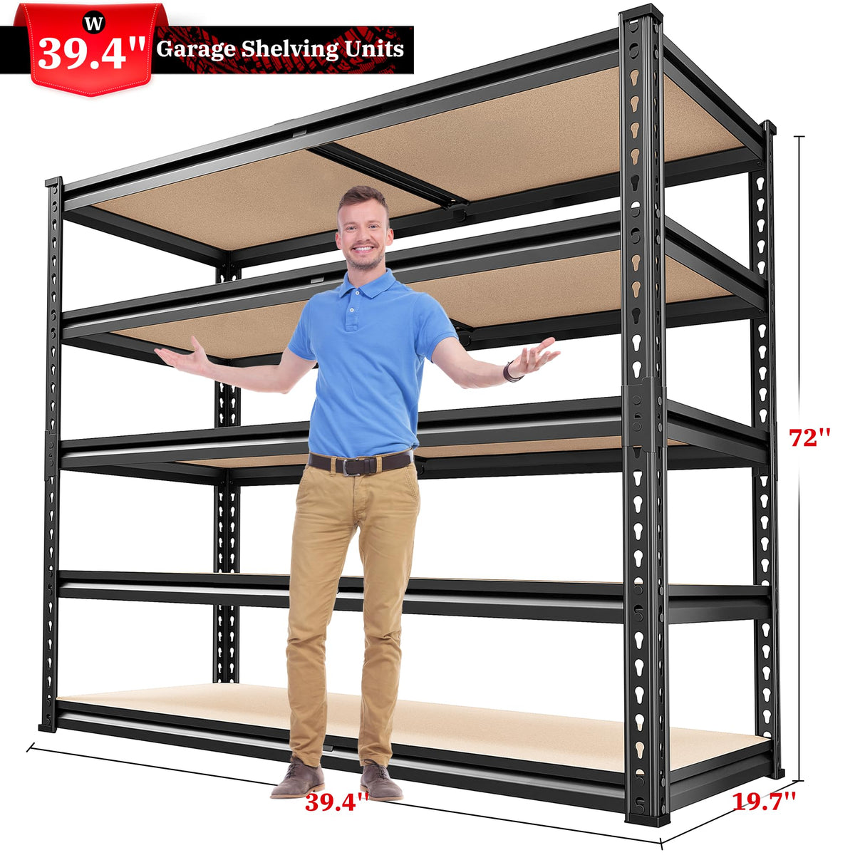 REIBII 2500LBS Garage Shelving 72''H Storage Shelves Heavy Duty Shelving 5 Tier Metal Shelves for Garage Shelves Adjustable Shelving Units and Storage for Closet Pantry Shelf, 39.4"W x 72"H x 19.7"D REIBII