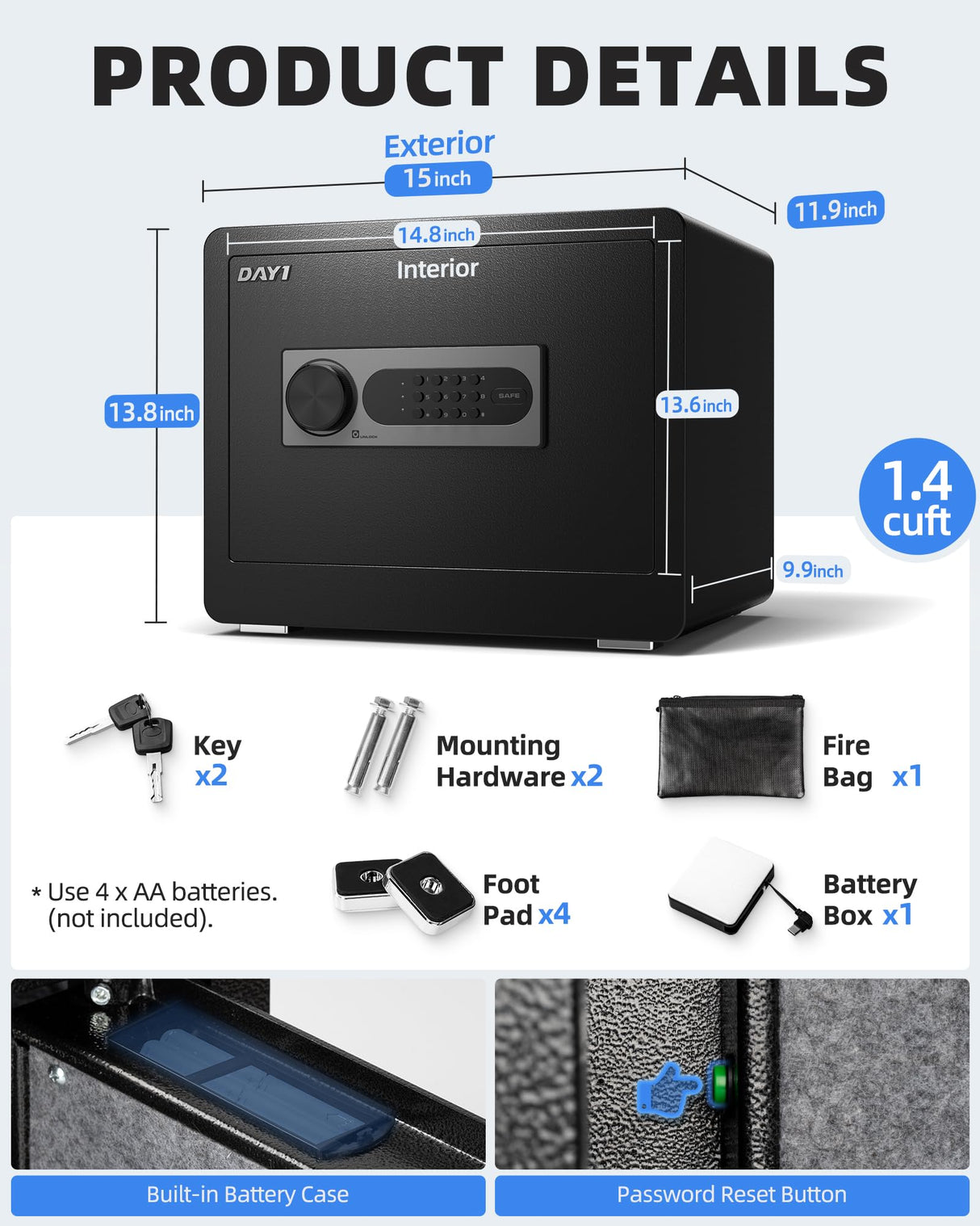 DAYI Safe Box, 1.4 Cubic Feet Home Safe with Fireproof Waterproof Bag, Security Safe Box for Money Cash Valuables, Digital Electronic Keypad, Dual Alarm System, Removable Shelf - D-35 DAYI