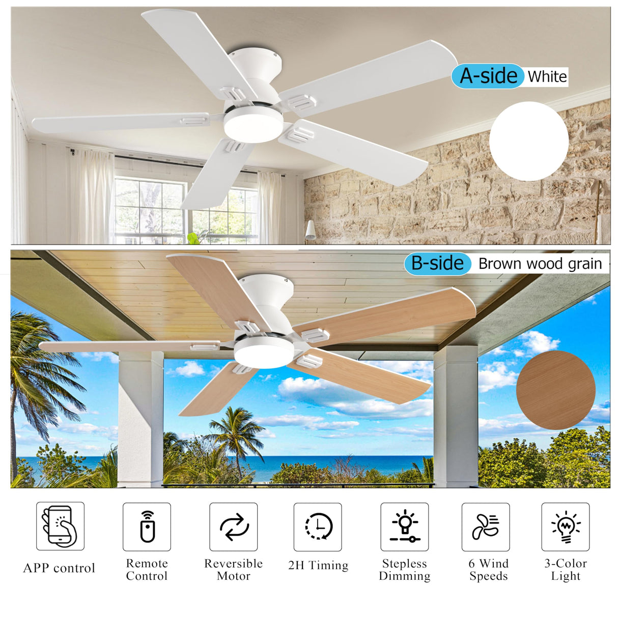 KNUN 52 inch Ceiling Fans with Lights, White Low Profile Ceiling Fan with Remote Control and App, Double-sided Fan Blades, 3CCT Dimmable LED, Noiseless, Flush Mount Ceiling Fan for Bedroom, Patio KNUN