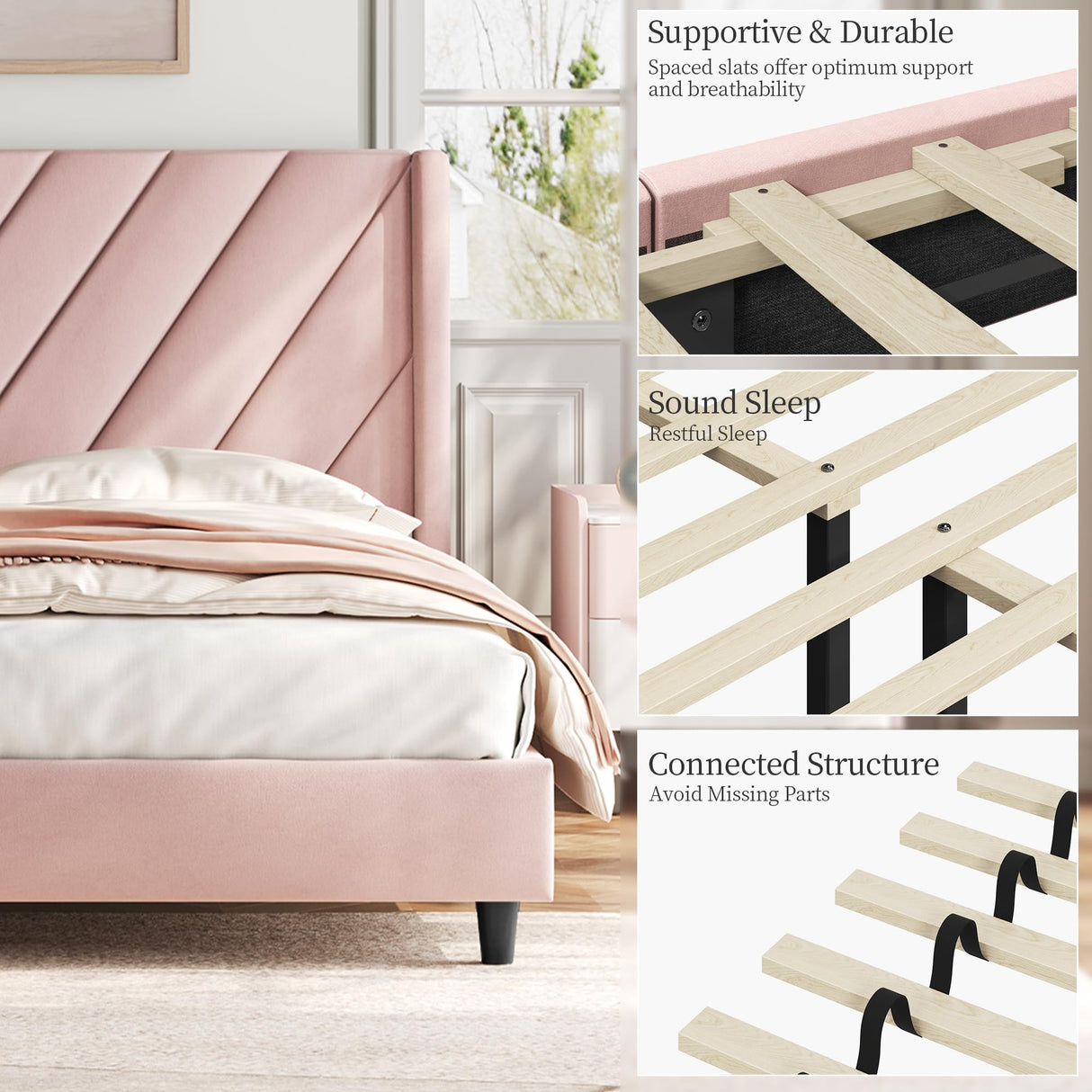 Yaheetech Queen Bed Frame Upholstered Platform Bed with Wing Side/Wooden Slat Support/Tufted Headboard with Wing Side/Mattress Foundation/No Box Spring Needed,Pink Queen Bed Yaheetech