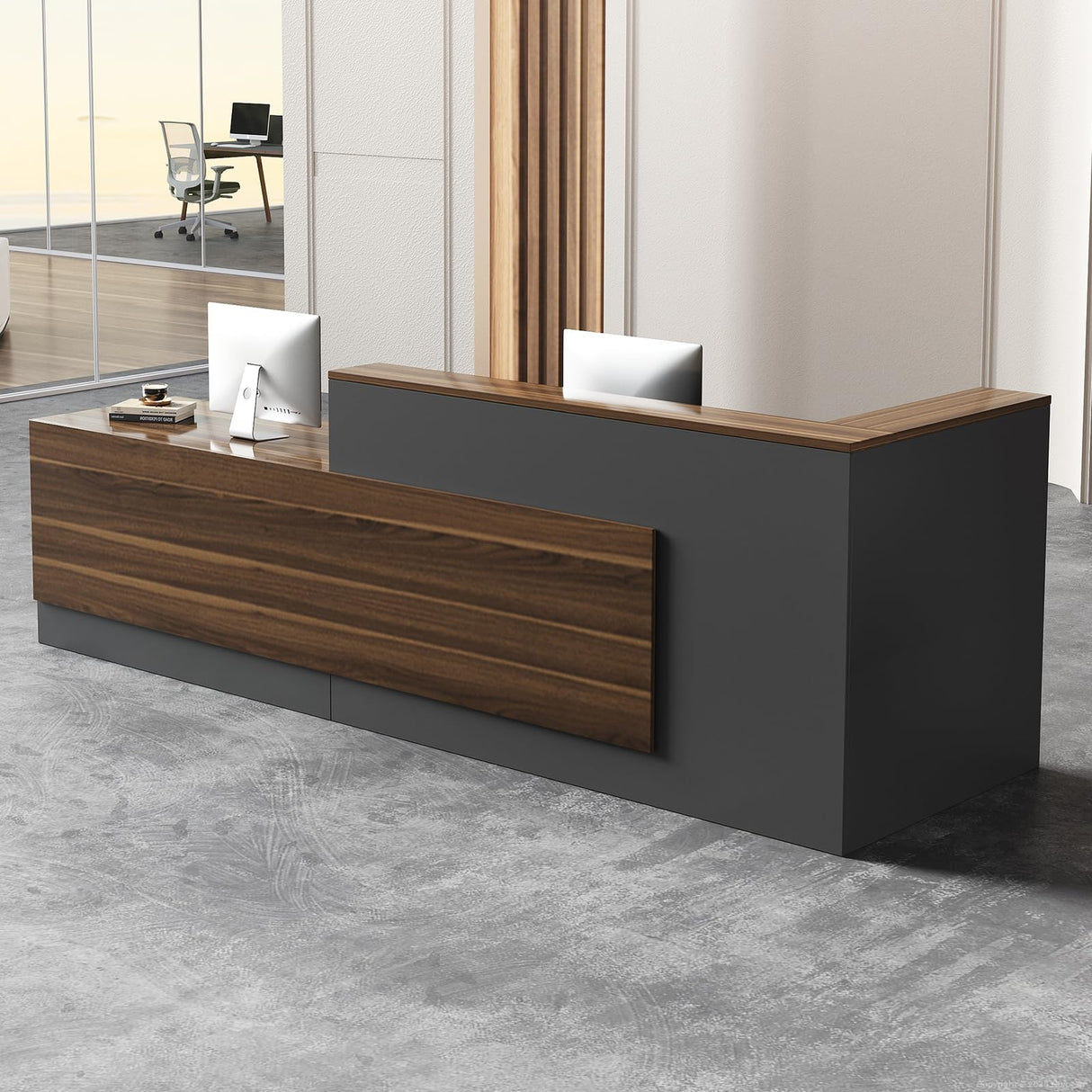 Modern L-Shaped Reception Desk with Hutch, Office Reception Counter Table with Lockable Drawer and Door Cabinet, Wooden Computer Front Desk (Walnut+lron Gray-Right Cabinet, 62.99"L*23.62"W*41.34"H) Nuipesn