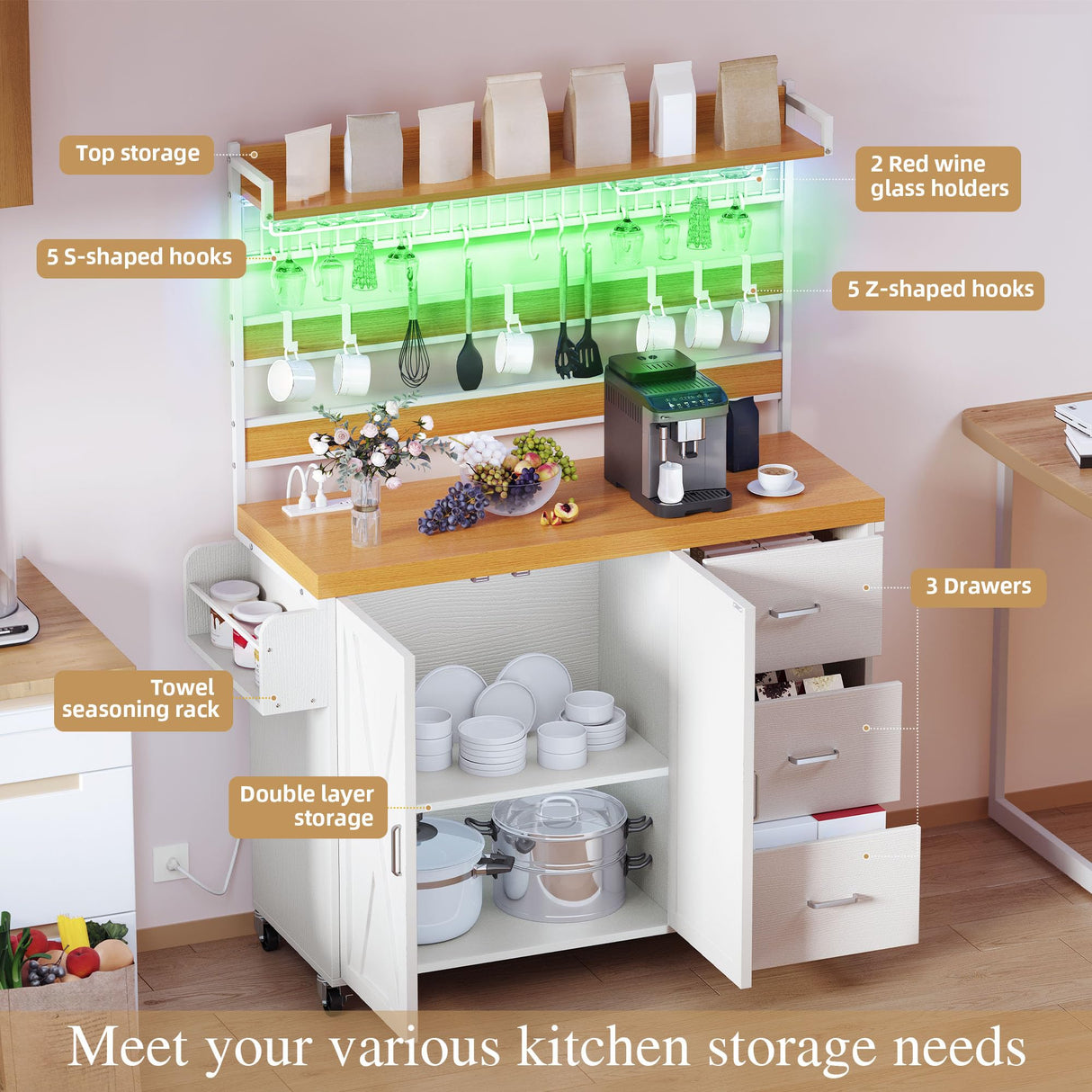 YITAHOME Bakers Rack with Power Outlet and LED Light, 53 Inch Microwave Stand with Storage Cabinet Thickened Counter, Farmhouse Coffee Bar Cabinet on Wheels Tall Shelf for Spices, Cups, Pots, White YITAHOME