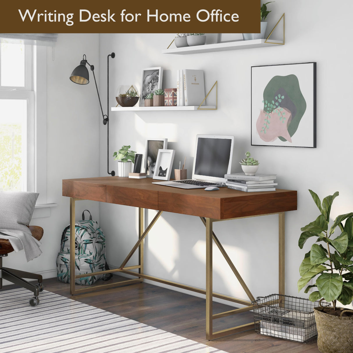 Homes: Inside + Out Lizon Modern 60 Inch Wood Desk With Drawers, Office Table With Storage, Vanity Without Mirror For Bedroom, Study Room, Dorm, Light Walnut Brown & Gold HOMES: INSIDE + OUT