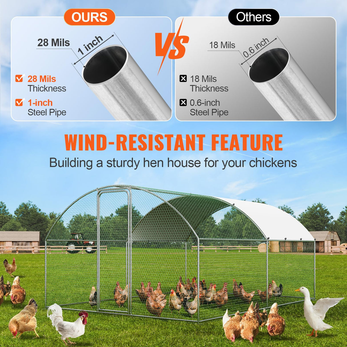 VEVOR Large Metal Chicken Coop with Run, Walkin Poultry Cage for Yard with Waterproof Cover, 13.1 x 9.8 x 6.4 ft Peaked Hen House, Duck and Rabbit, Silver, Spire Roof VEVOR