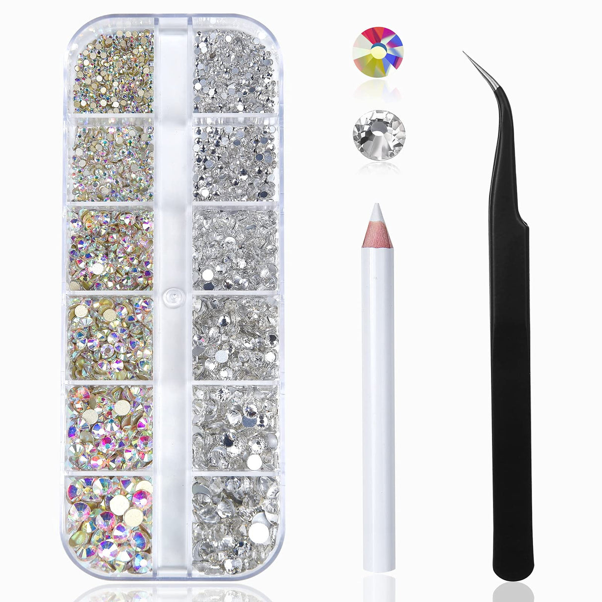 Nail Art Rhinestones Kit HUETFAT 2400pcs Nail Gems Ab Flatback Rhinestones Gems Stones, with Storage Organizer Box/Wax Pencil/Tweezers 6 Sizes (1.5-4.5 mm) for Nail Art Craft (2400pcs) HUETFAT